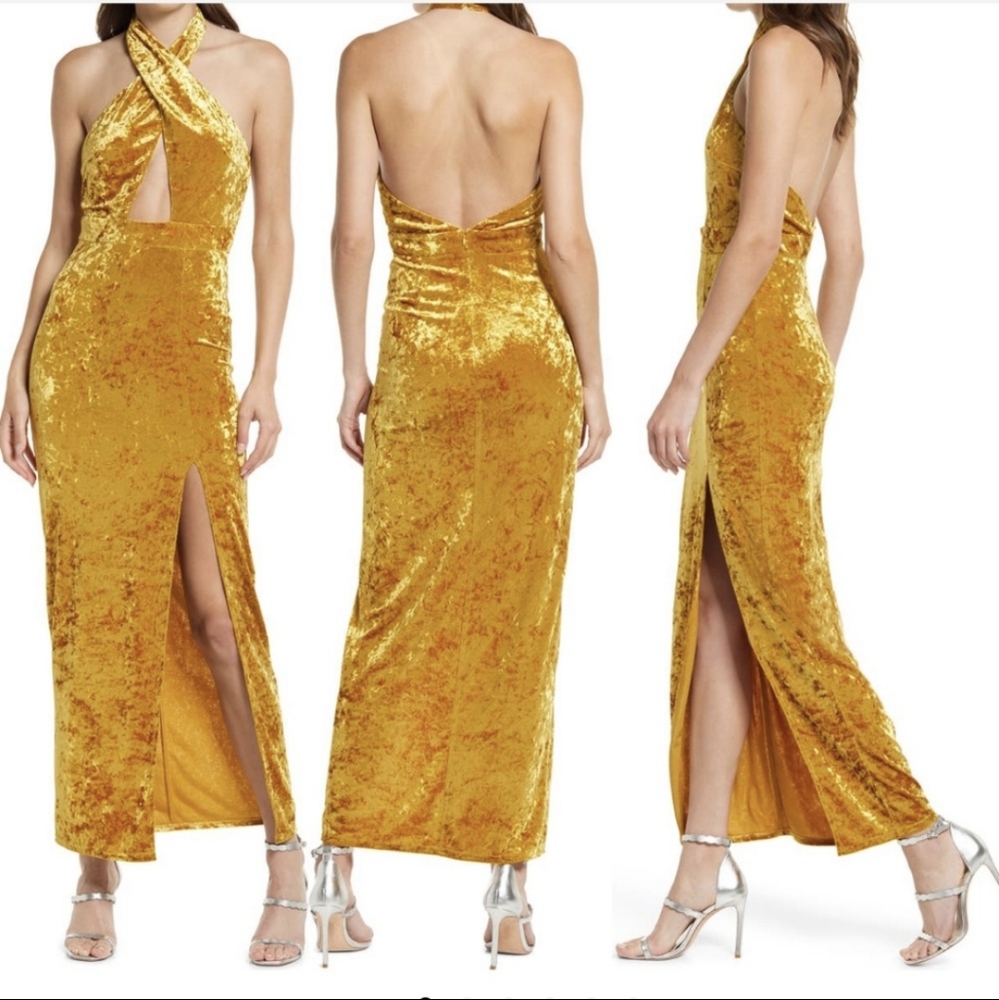 Gold crushed velvet cocktail dress